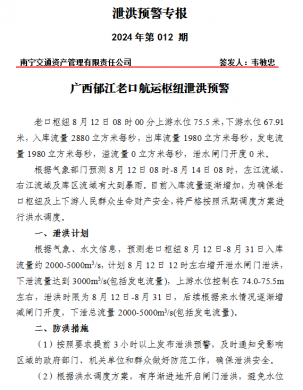 广西郁江老口航运枢纽泄洪预警